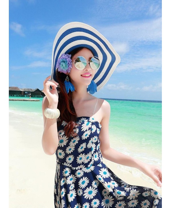 Women's UPF50+ Foldable Striped Straw Sun Hat Floppy Wide Brim Beach ...