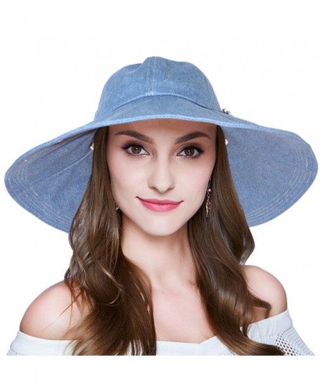 AOMUU Womens Floppy Summer Sun Hat Outdoor Foldable Wide Brim Beach Cap - Light Denim Beach Hat - C2183YLNCEU