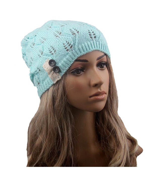 Tinksky Women Winter Warm Knit Hat Snow Ski Caps Lace Button Leaves Hollow Out Knitting Hat (Green) - CI12MAF38UH