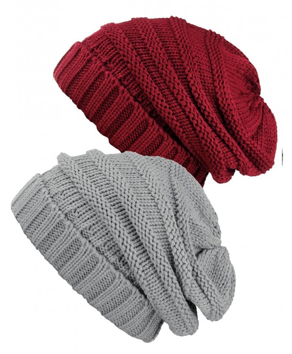NYFASHION101 Oversized Baggy Slouchy Thick Winter Beanie Hat - Burgundy & Natural Gray - C41869KKLYW