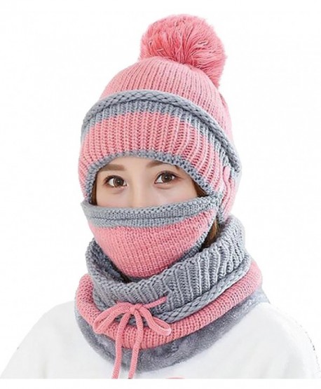 Ababalaya Women's Warm Fleece Pom Hat & Removable Windproof Mask & Neck Scarf Sets - Pink - C3188L2YG80