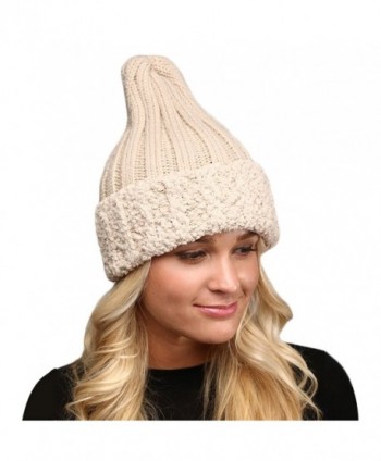 MIRMARU Women's Winter Knitted Long Pointy Top Faux Fur Trim Beanie Hat. - Beige - CR187CY22MO