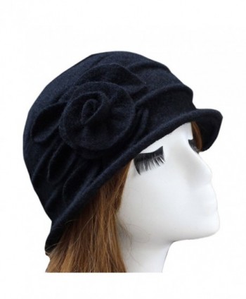 Ealafee Women 100% Wool Solid Color Round Top Cloche Beret Cap Flower Fedora Hat - Black - CA186WXYW70