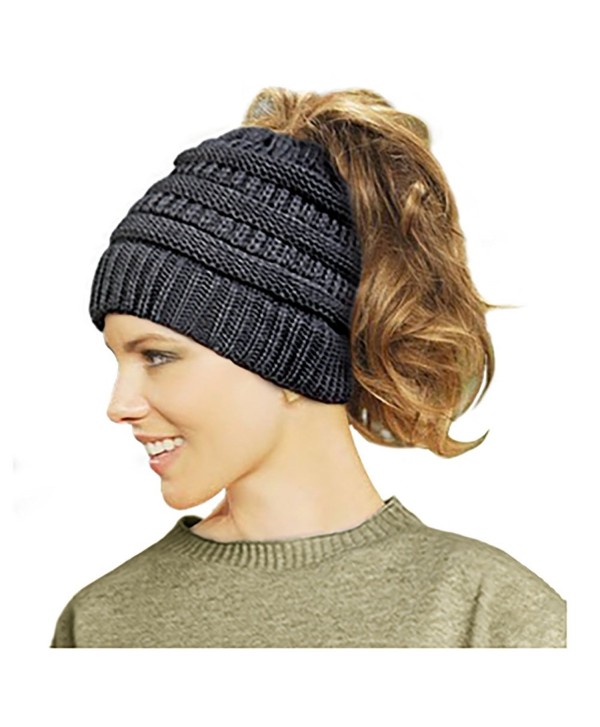 Lamdgbway Trendy Knit Hat Cable Beanie Stretch Chunky Winter Bun Ponytail Beanie - Black - CQ187G6TO57