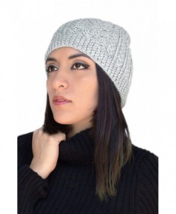 Womens Superfine Alpaca Wool Handknit Beanie Ski Hat Winter Skullcap - Special Design - Silver Gray - C212I6SLQHZ