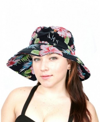 NYFASHION101 Floral Print Crushable Marina Wide Floppy Brim Bucket Sun Hat - Black Floral - CO11X74QGGF