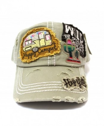 CAPS 'N VINTAGE Khaki Y'all- Happy Camper- Wild Free Multi-Patch Embroidered Adjustable Cap - CP17Z58U7IN