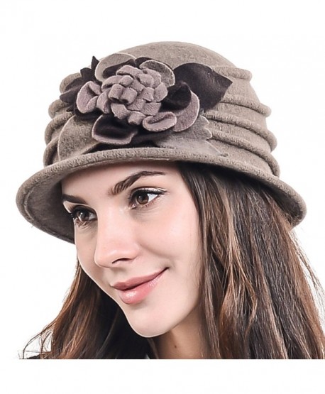 F&N STORY Women's Elegant Flower Wool Cloche Bucket Ridgy Bowler Hat 09-co20 - Brown - C5125YOO3OR