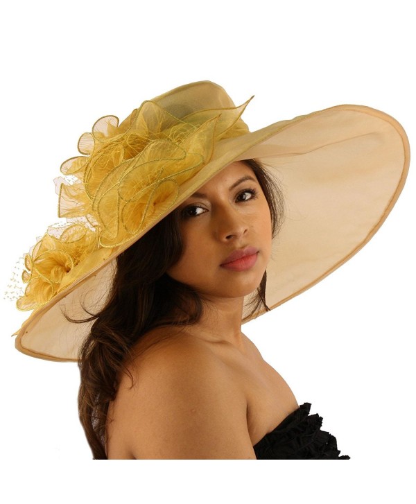 Summer Kentucky Derby Wide 7" Brim Organza Floppy Fishnet Gold Floral Hat - Gold - C211JP5N4O7