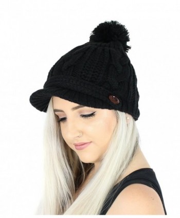 PomPom Cable Ribbed Knit Beanie Hat w/ Visor Brim - Chunky Winter Skully Cap - Black - CE1868D003W