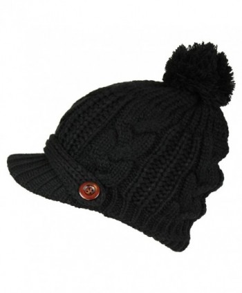 Black PomPom Cable Ribbed Beanie in Women's Skullies & Beanies