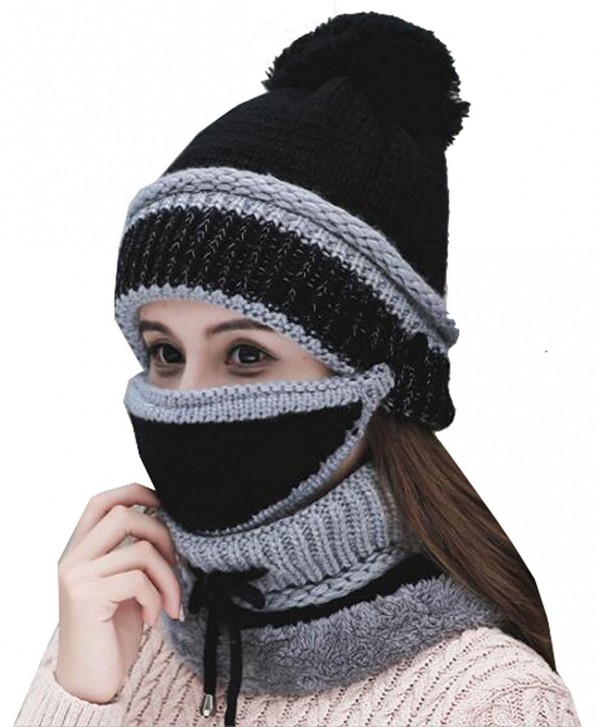 Annymall Womens Beanie Hat Scarf Mask 3 In 1 Set- Winter Warm Slouchy Knit Cap and Scarf - Black - CQ188E2NU66