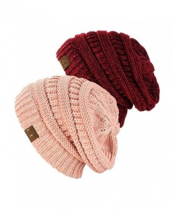 NYFASHION101 Exclusive Unisex Two Tone Warm Cable Knit Thick Slouch Beanie Cap (2 Tone Rose & 2 Tone Burgundy) - CV12O80MIJY