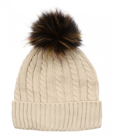 MIRMARU Winter Cable Knitted Faux Fur Multi Color Pom Pom Beanie Hat with Soft Fur Lining - B.thin Cable Khaki - CM186LHR499
