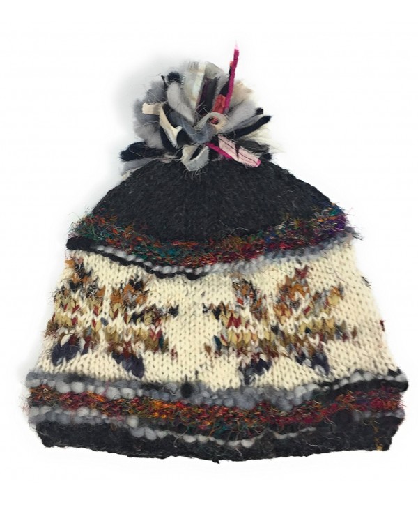 Hand Knit Womens Wool Pom Pom Hat Warm Fleece Lined Nepal - Gray - C012O7WRGBW