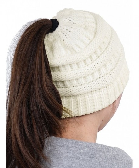 HENCY Women's Beanie Hat Soft Stretch Cable Knit Messy High Bun Ponytail Warm Skullies Cap - White - CY1889EWO4T