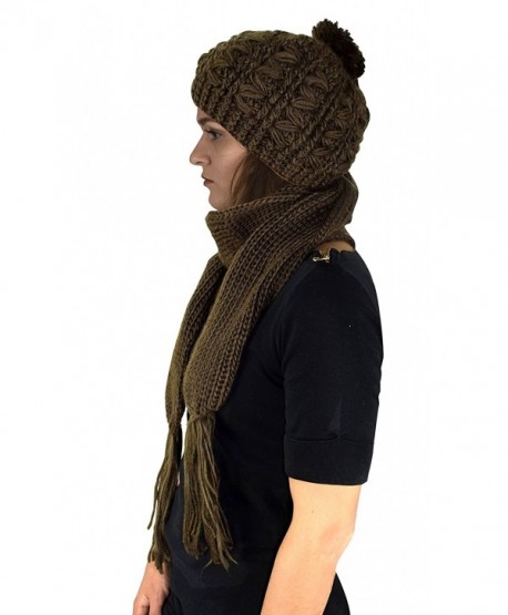 Peach Couture Cable Knit Beret Beanie Hat and Scarf Set - Green - CM11IGDMK1R