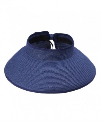 JTC Womens Ladies Straw Hat Wide Brim Roll-up Sun Visor 13 Colors - Navy - CC11KVFSRMT