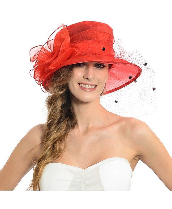 Elegant Women Lady Fascinator Church Kentucky Derby Voile Dress Hat W044 - Red - C5128DWDDPH