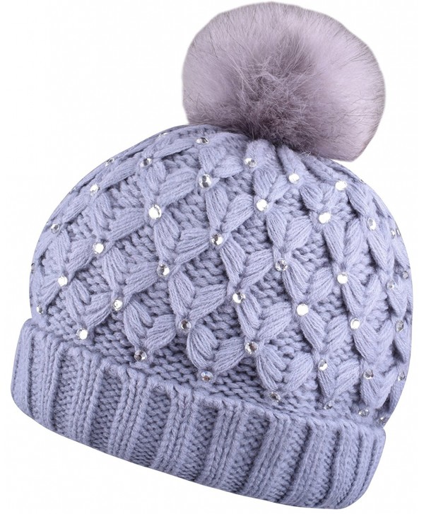 Winter Pom Pom Beanie Beanies For Women Pompom Knit Hat With Bling Rhinestone - Gray - C8187C0EADX