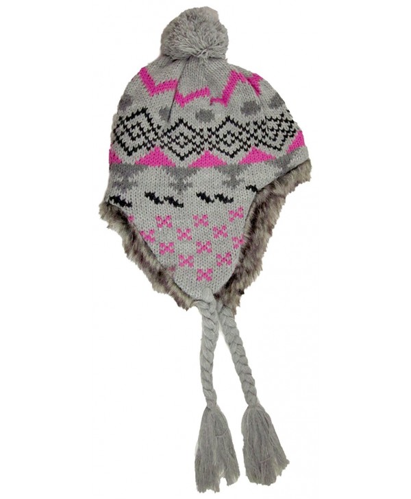 Dakota Dan Checkered Peruvian Knit Tassel Hat with Pom Pom & Faux Fur - Gray - CC11HG8ODE5