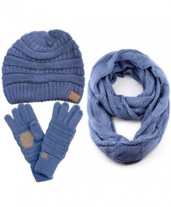 ScarvesMe CC 3pc Set Trendy Warm Chunky Soft Stretch Cable Knit Beanie Scarves Gloves Set - Denim - CN187GLEQ5R