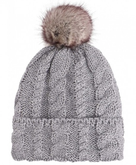 Arctic Paw Braided Heather Cable Knit Beanie with Faux Fur Pompom - Grey - C6185LUNZTN