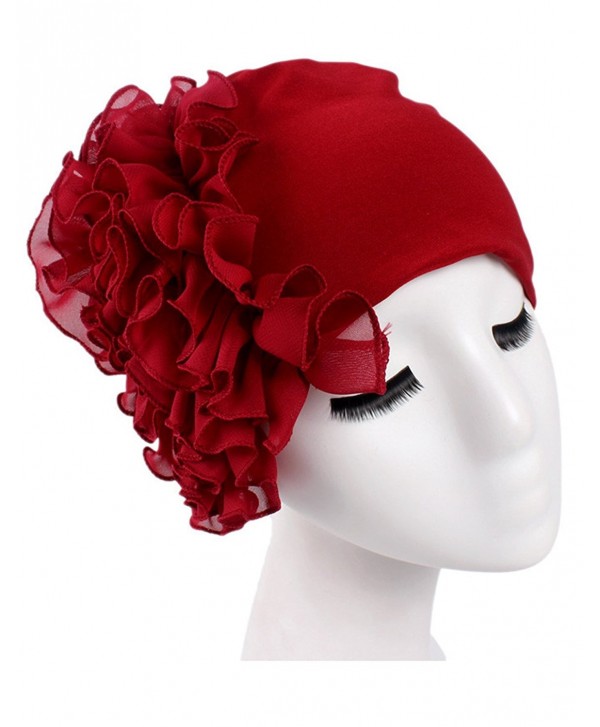 Women's Super Soft Solid Color Flower Knit Beanie Hat - Wine - CG183XRS927