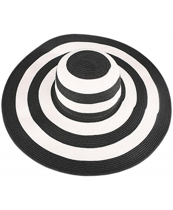 bettyhome Women's British Elegant Floppy Wide Brim Striped Straw Beach Sun Hat - diff Colors - Black - CT12DZ4CJSZ