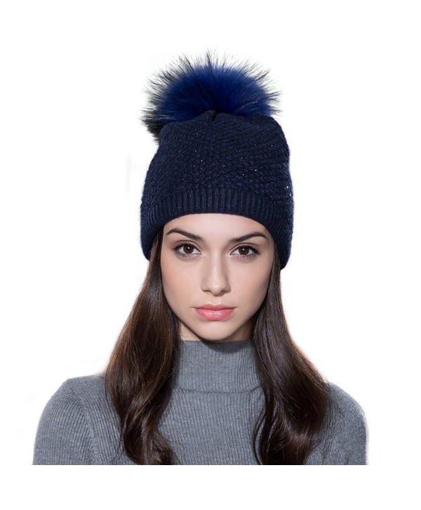 Ferand Ladies Raccoon Knitted Crystal - Navy Blue & Navy Blue Pom Pom - C912NU6M3FG