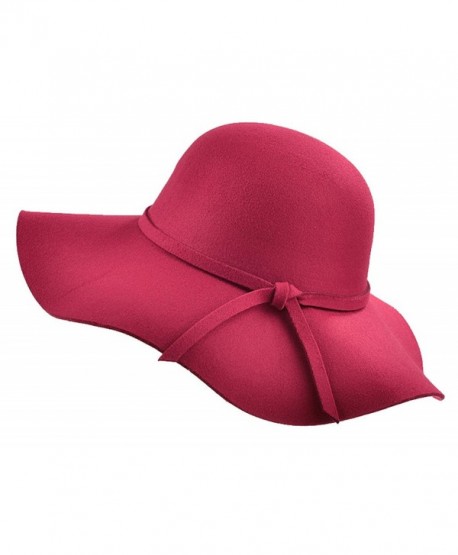 Diffyou Women's Solid Wool Ribbon Wide Brim Party Floppy Sun Felt Hat - Wine Red - CX126NYPAM5