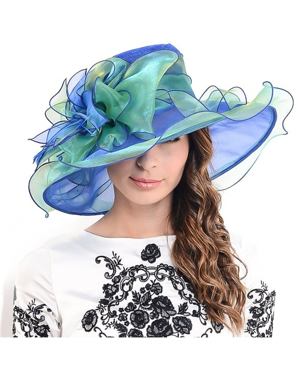 F&N STORY Ladies Kentucky Derby Church Hat Wide Brim Leaf Flower Bridal Dress Hat s037 - Navy&green - C012CV36IEH