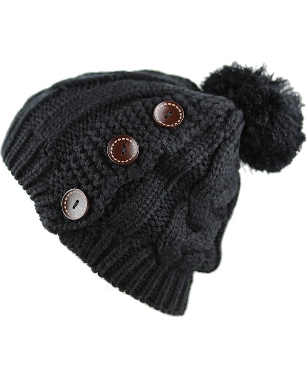 The Hat Depot 1000CMH-Women's Knit Beanie with Buttons and Pom Pom Winter Hat - Black2 - C4186L95HI0