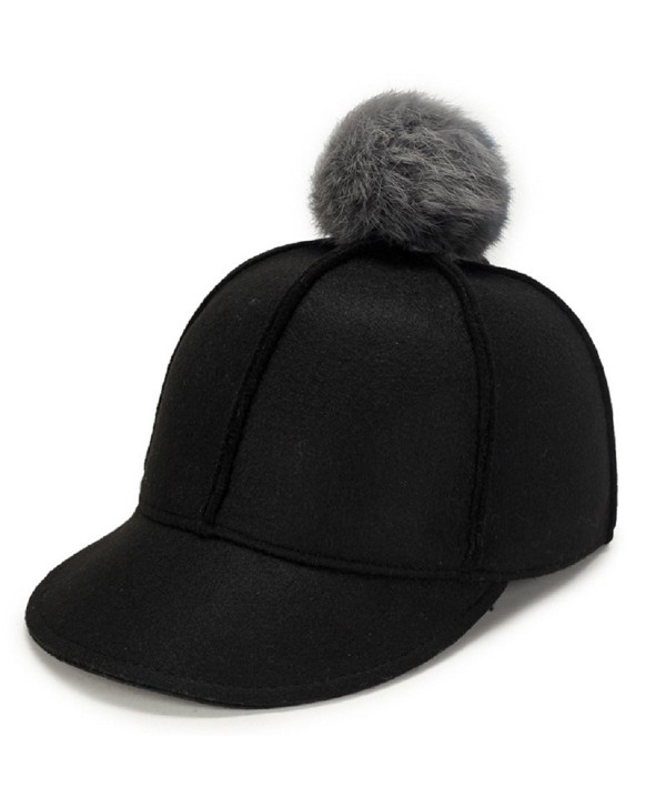 Top Cheer Women Solid Color Wool Felt Peaked Pom Pom Equestrian Baseball cap - Black - CE188KYA8K6