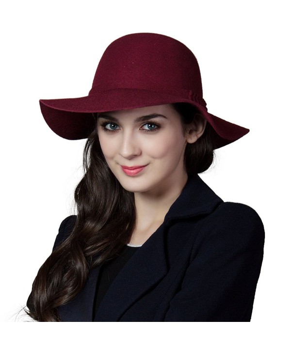 SIGGI Ladies Wool Felt Top Hat Wide Brim Winter Vintage Fedora Hats Thick Warm - 16078_burgundy - CR12MZHZS9C