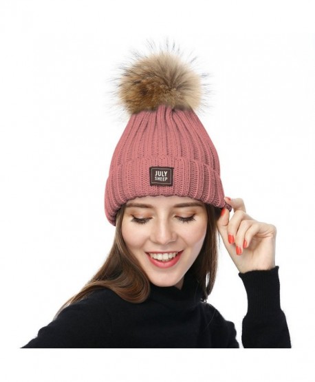 JULY SHEEP Womens Girls Winter Knitted Beanie Hat Real Large Raccoon Fur Pom Pom Bobble Hats - Pink - C3183NAK44Z