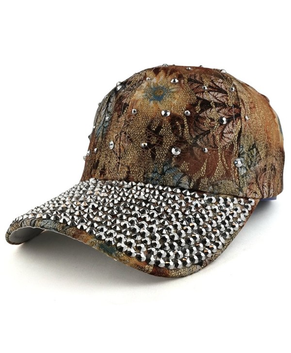 Trendy Apparel Shop Bling Studs Flower Glitter Structured Adjustable Baseball Cap - Tan - C5186RS2L76