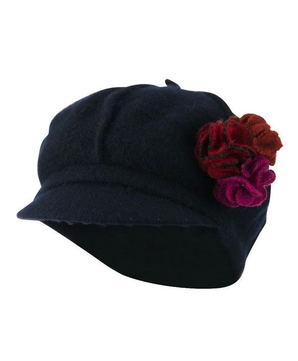 Flower Trim Wool Newsboy Cap - Navy - CY11GI6NQKD