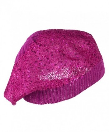 Sequin Nylon Stretchable Beret Magenta in Women's Berets