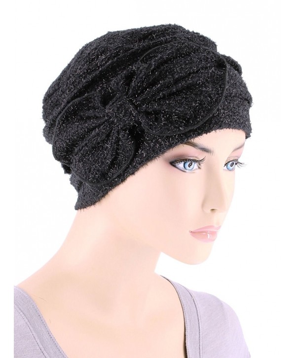 Turban Plus Womens Winter Hat Soft Fuzzy Eyelash Ribbed Flower Bow Cloche Beanie Cap - 02- Black Diamond - CZ12MYJKXZV