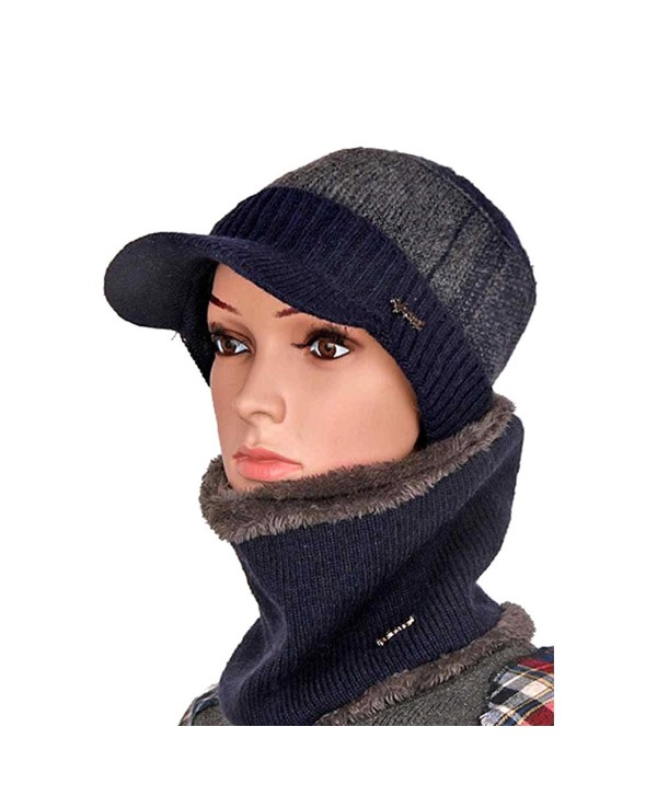 Winter Knit Peaked Cap Scarf Set Chunky Flat Hat Stripe Unisex Skull Cap Ski Cap - Blue - C81872U8C0Z