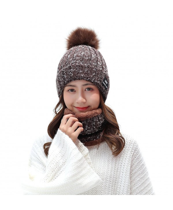 IRELIA Womens/Mens Faux Fur Warm Knitted Pom Fleece Lined Caps Beanie Scarf Set - 2 in 1(brown) - CN187E4502T