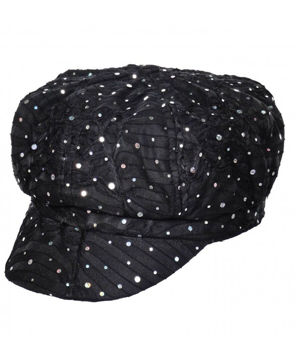 Turban Plus Womens Soft Sequin newsboy Chemo Hat With Stretch Band- Fitted- For Cancer Hair Loss - 02- Black - CX11BHBSTSN