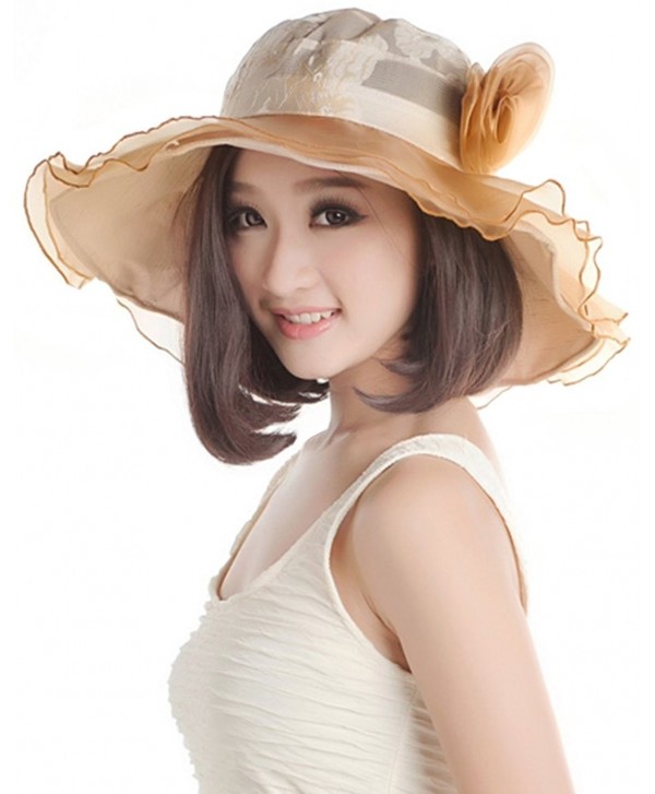 Bienvenu Hat For Women Summer Lace Wide Brim Flower Fascinator Sun Protection Hats Beach Wedding Hats - Brown - CM17XWNK57U