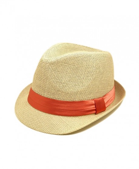 TrendsBlue Classic Natural Fedora Straw Hat with Coral Color Band - C811076FXL5