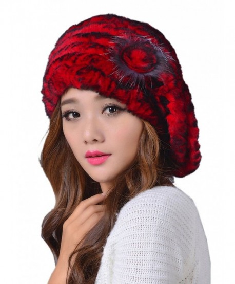 LITHER Women's Winter Rex Rabbit Fur Beret Hat With Fur Flower - Red - CE12NR6NBHJ