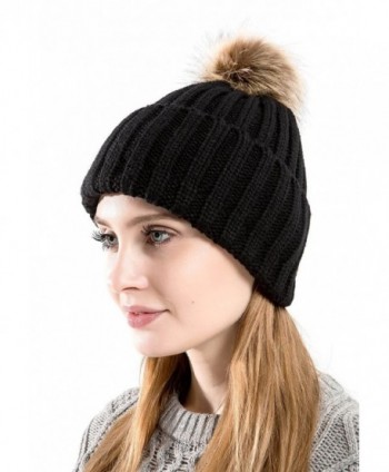 Tossa Winter Beanie For Women Knitted Beanie Cable Knit Hat With Fluffy Pom Pom by - Blk - CF186AH8RO7