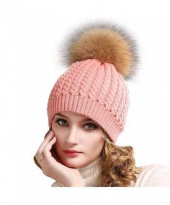 Women Winter Knitted Pom beanie-Fur Hat Big Raccoon Pom Pom Hat Women Crochet Knit Bobble hat - Pink - CV18558XC3H