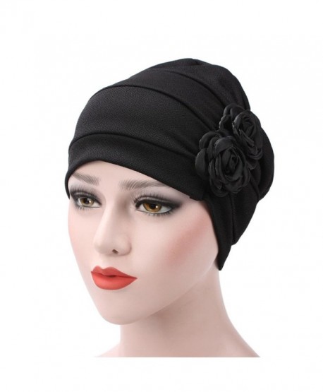 WETOO Womens Chemo Turban Hats Flower Headscarf Scarf Beanie Cap For Cancer Patient - Black - C718898KUH2