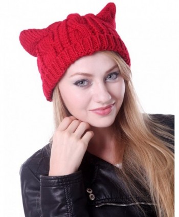 HDE Women's Knit Beanie Cat Ear Crochet Braided Winter Ski Hat Knitted Cap - Red - CG11IODSPCR